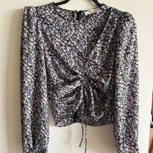 Astr Floral Ruched Blouse - Black, Pink, Green
